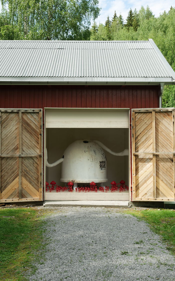 Installation, red house, glass window, art-sculptures.